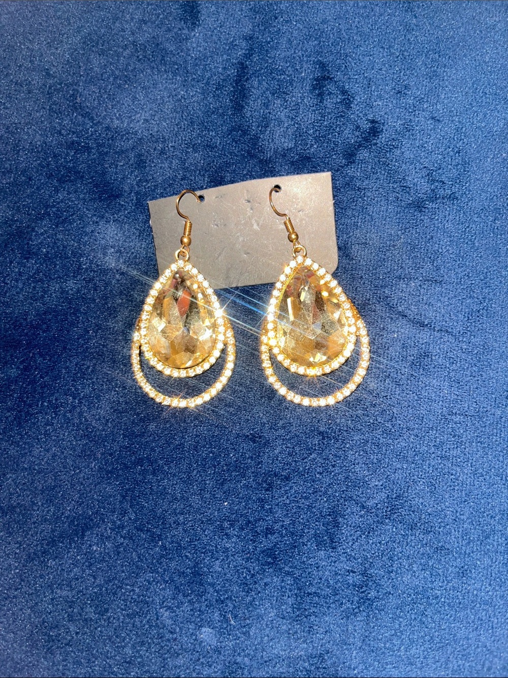 Gold Teardrop Dangle Earrings with Clear Crystal